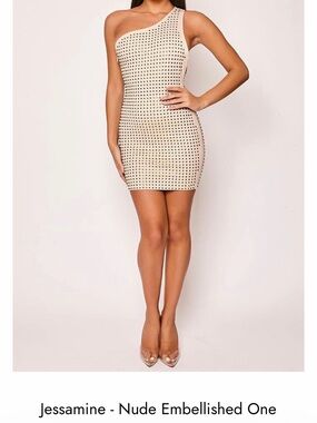 One-Shoulder Nude Studded Bodycon Mini Dress